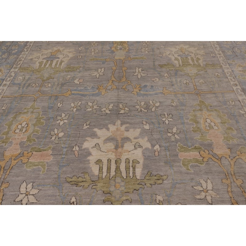 Vegetable Dye Oushak Turkish Area Rug Handmade Floral Grey Wool Carpet - 9'1" x 11'11"