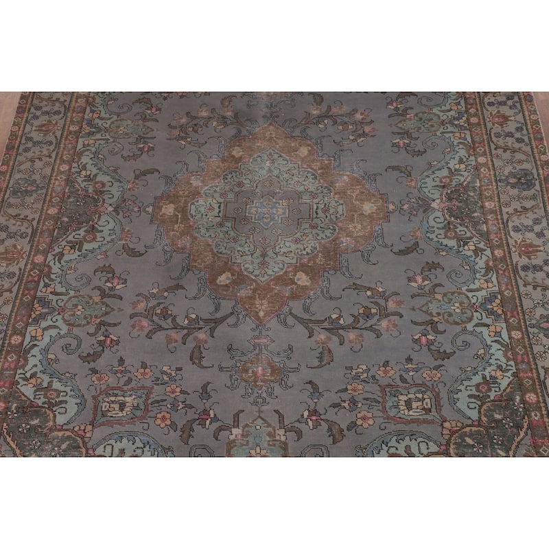Overdyed Blue Tabriz Persian Vintage Rug Hand-Knotted Wool Carpet - 9'6"x 12'8"