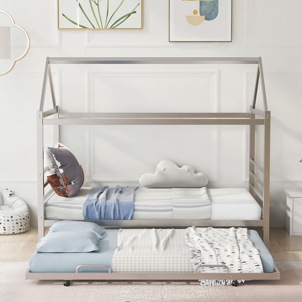 slide 2 of 9, Twin Size Metal House Shape Platform Bed with Trundle