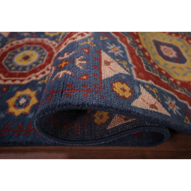 Blue Geometric Kazak Oriental Runner Rug Hand-Knotted Wool Carpet - 2'7"x 8'0"