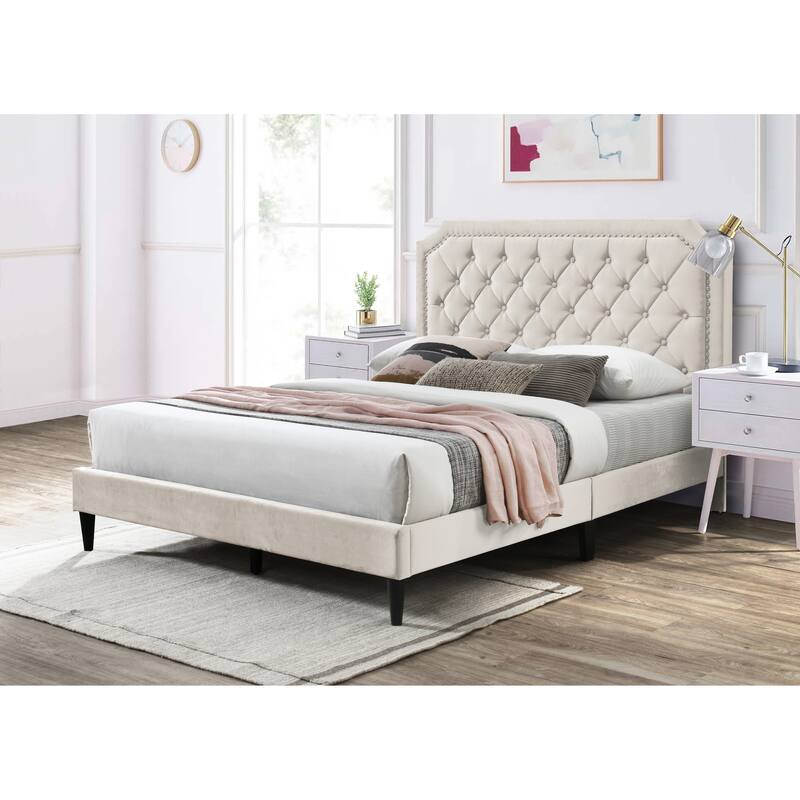 Ava Clipped-Edge Nailhead-Trim Button Tufted Upholstered Platform Bed