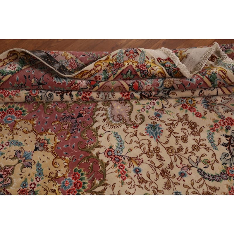 Hand Knotted Oriental Wool & Silk Carpet Traditional Floral Beige & Ivories Tabriz Area Rug - 10' 4'' X 6' 6''