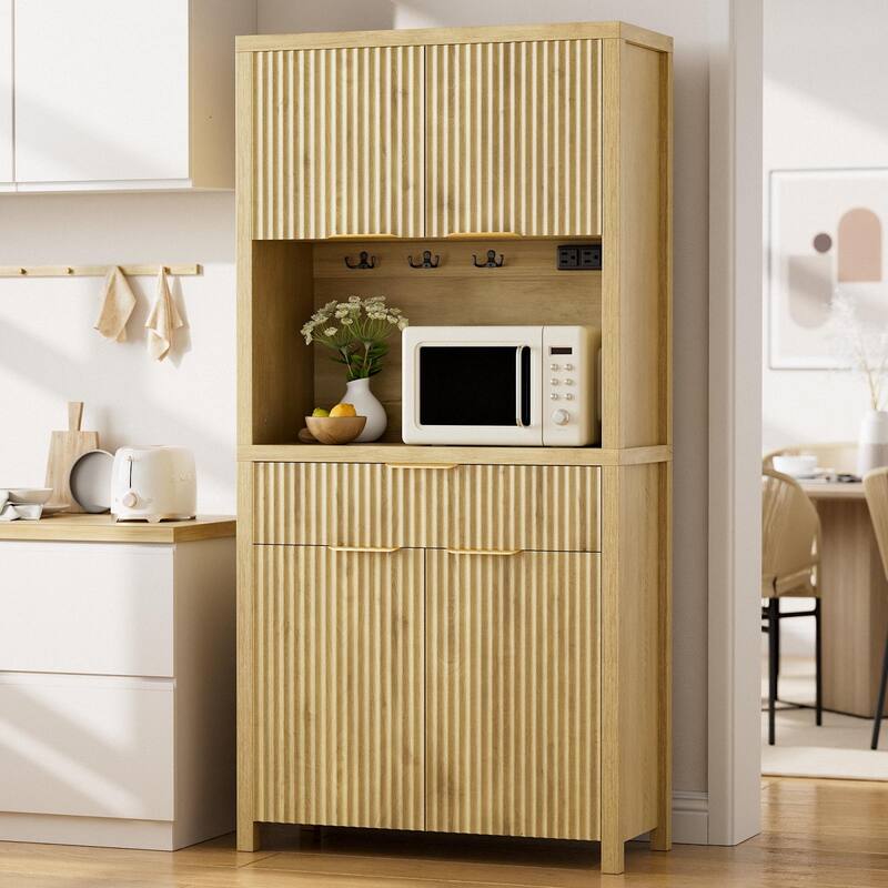 71"Pantry Storage Cabinet with Drawer, Charging Station and Open Countertop for Dining Living Room - Natural