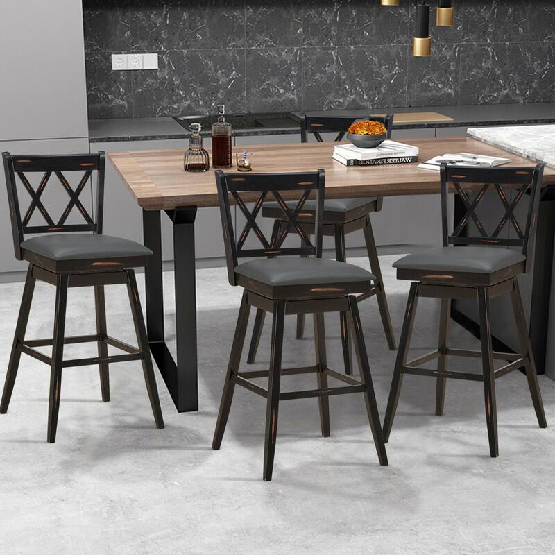 Gymax Set of 4 Barstools Swivel Bar Height Chairs with Rubber Wood