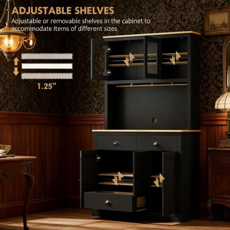 71" Tall Freestanding Kitchen Pantry Cabinet with Adjustable Shelves and Glass Doors