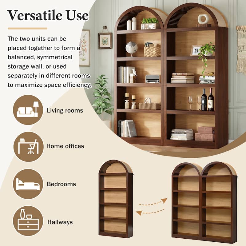 Freestanding Tall Bookshelves Set of 2, Farmhouse Two-Tone Open Storage Cabinet with Fabric Arched Top, 5-Tier Display Bookcase