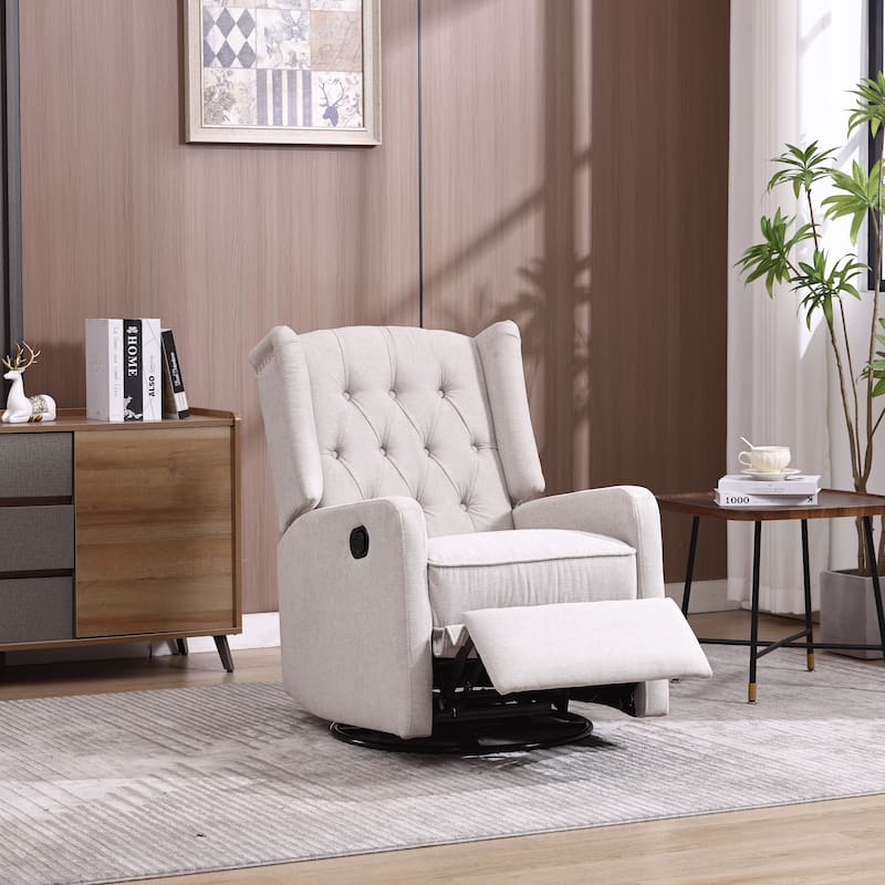 Beige Linen 360° Swivel Glider Rocker Manual Recliner with Button-tufted Backrest and Footrest for Living Room, Bedroom - Beige Linen