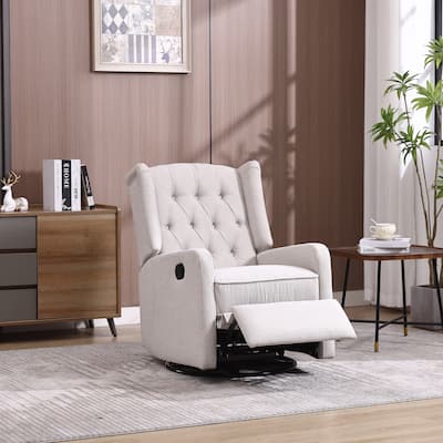 Beige Linen 360° Swivel Glider Rocker Manual Recliner with Button-tufted Backrest and Footrest for Living Room, Bedroom
