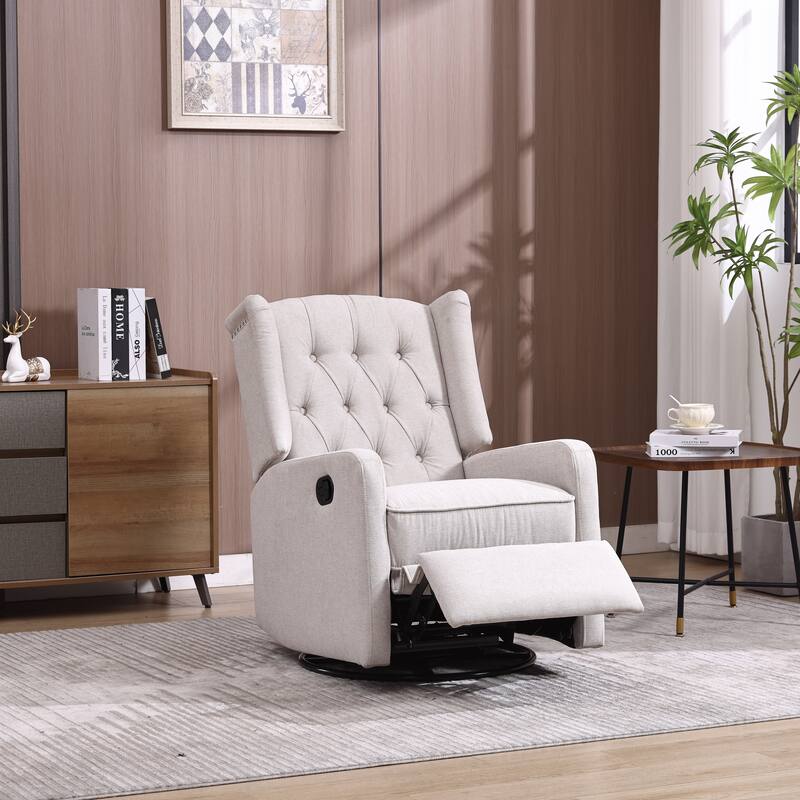 Beige Linen 360° Swivel Glider Rocker Manual Recliner with Button ...