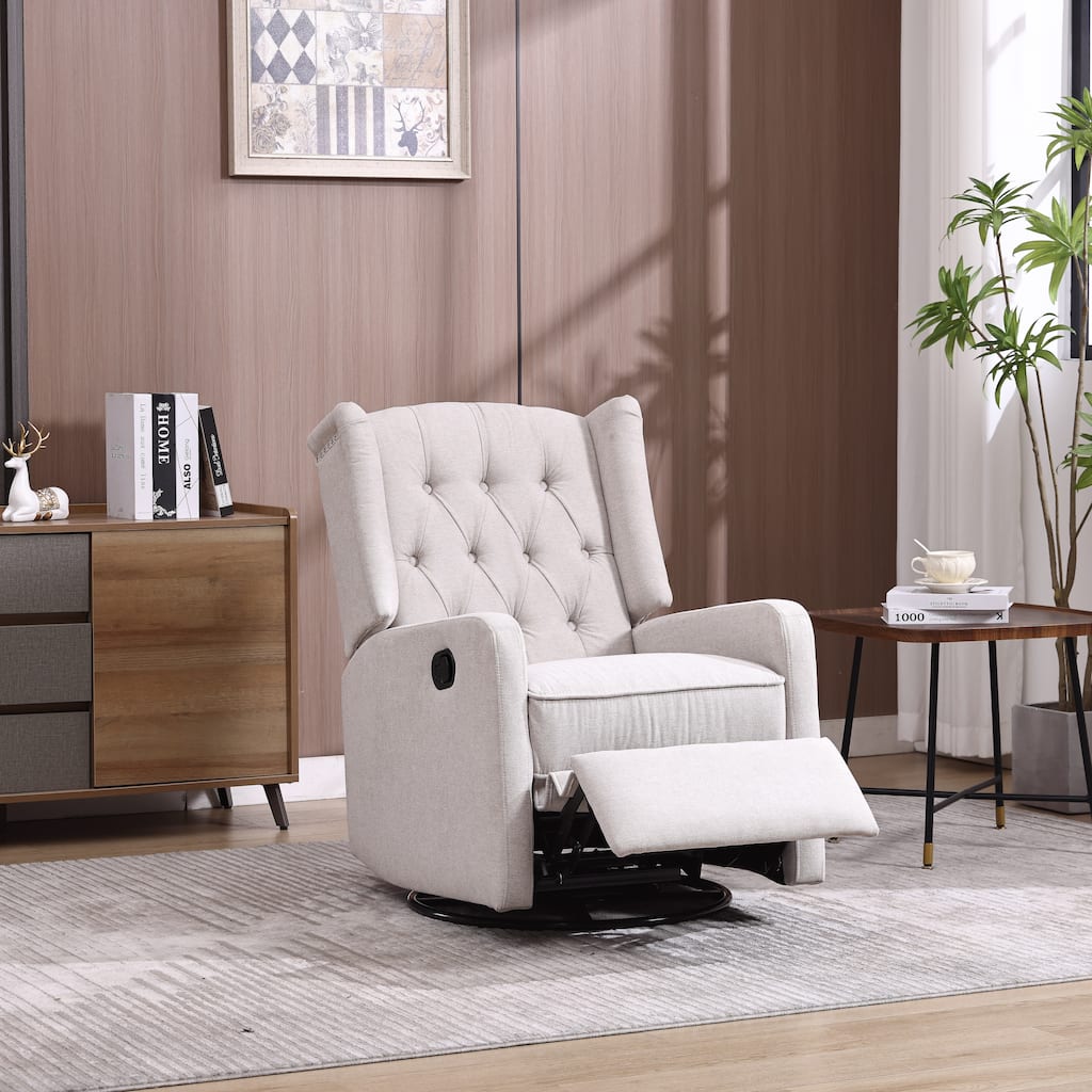 Beige Linen 360° Swivel Glider Rocker Manual Recliner with Button-tufted Backrest and Footrest for Living Room, Bedroom