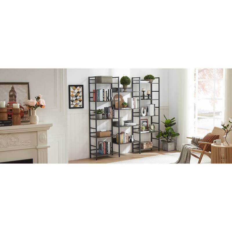 Industrial Style Metal Frame Triple Wide 5-shelf Bookshelves with Large Open Storage