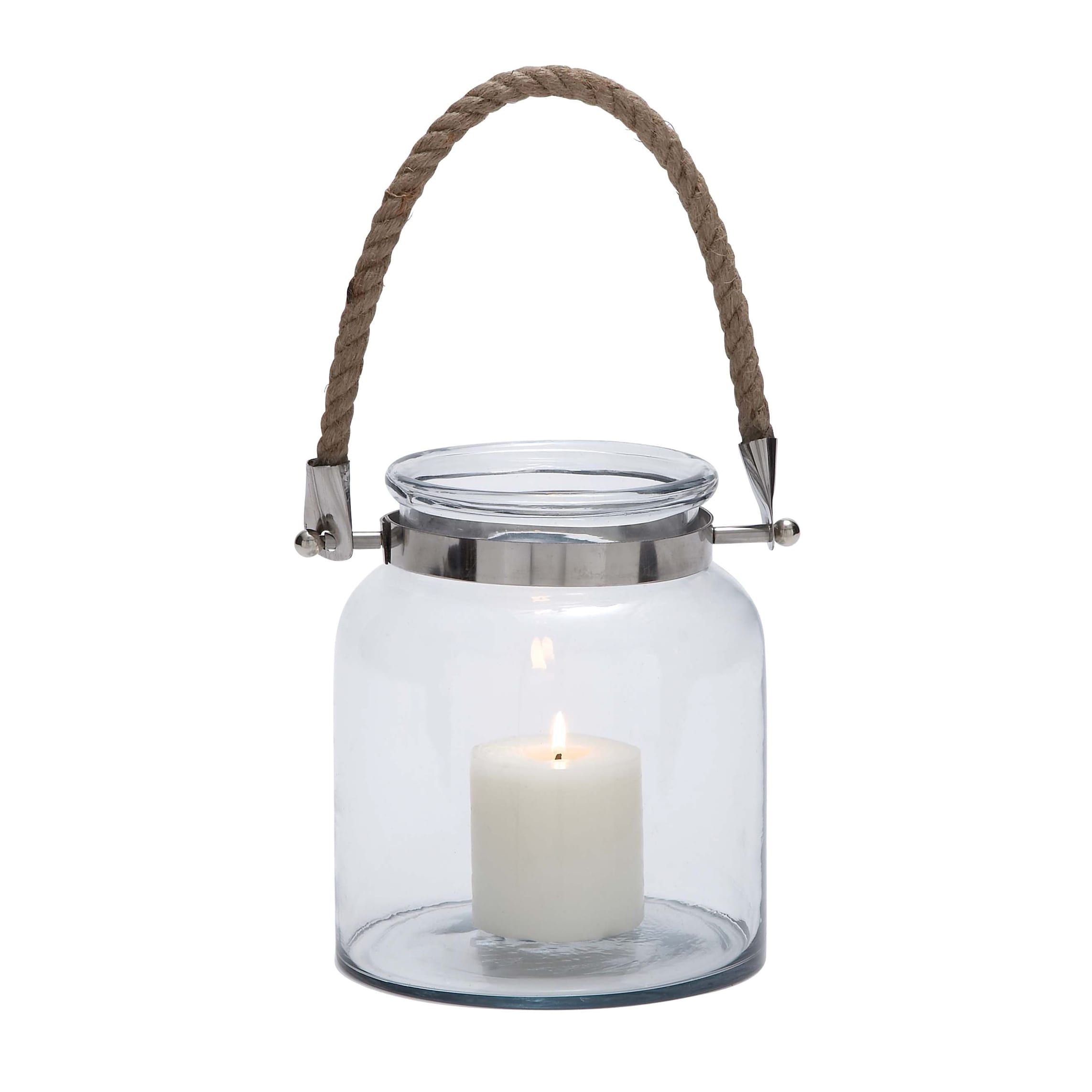Roche River Decor - Glass Handmade Decorative Candle Lantern with Rope Handle - Clear - 8"W x 8"L x 10"H