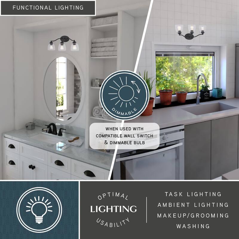 Bellwood Traditional Bathroom Vanity Wall Lighting Fixture, Glass Shade, Dimmable, LED Compatible, Over the Mirror Mount