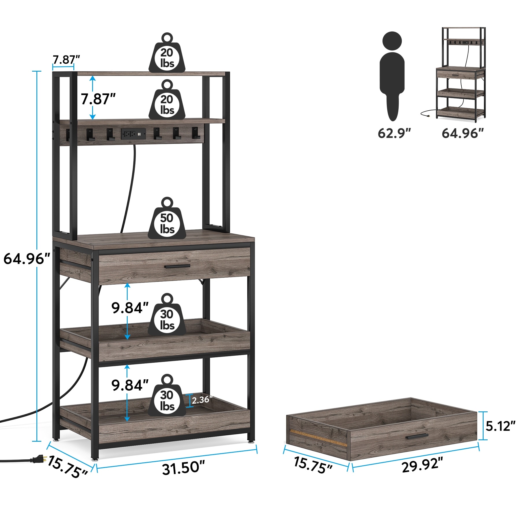 5 Tier Kitchen Bakers Rack with 4 Power USB Outlets Microwave