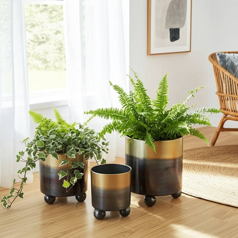 Modern Metal Planters with Spherical Legs and Sleek Dual-Tone Design, Set of 3 - 10.5" x 10.5" x 12.75"