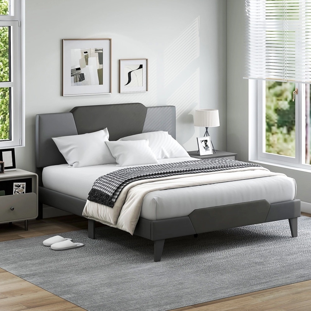 Queen Upholstered Platform Bed Frame Velvet Headboard Mattress