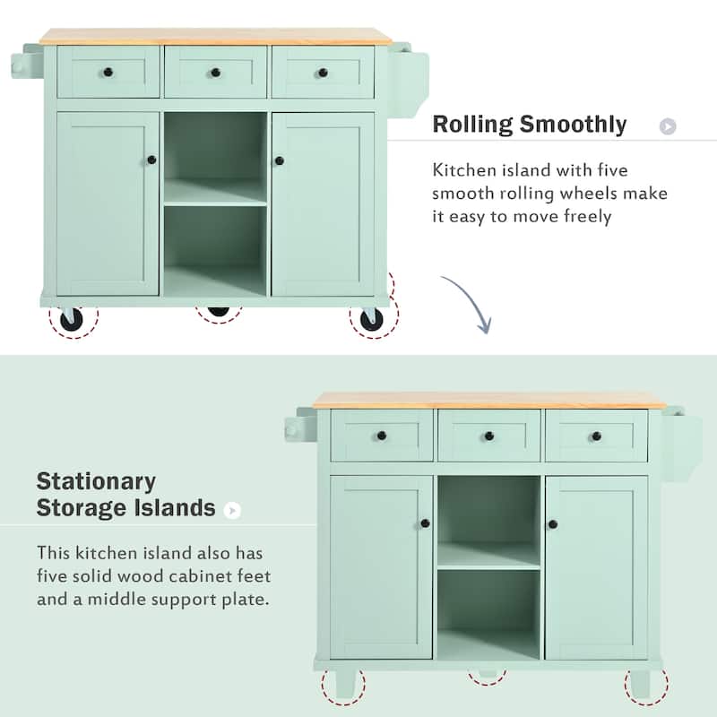 Anmytek Mint Green Foldable Kitchen Island Cart - Rolling Cart with Storage Drawers and Spice Racks