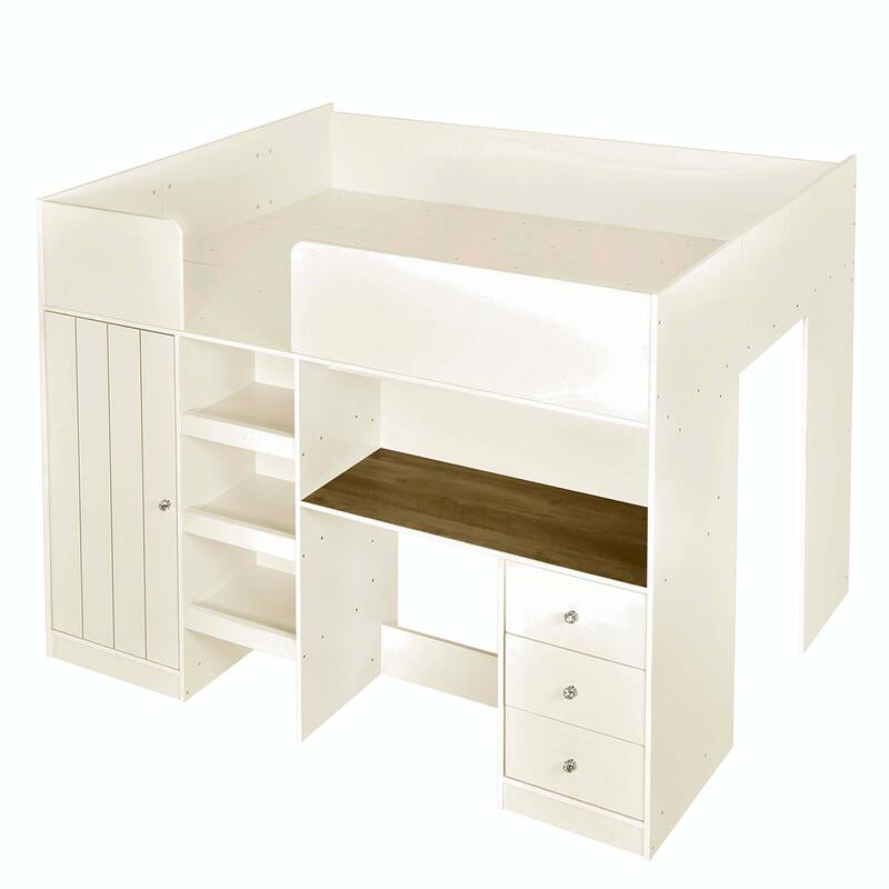 Wood Full Size Loft Bed with Built-in Wardrobe, Desk, Storage Shelves and Drawers