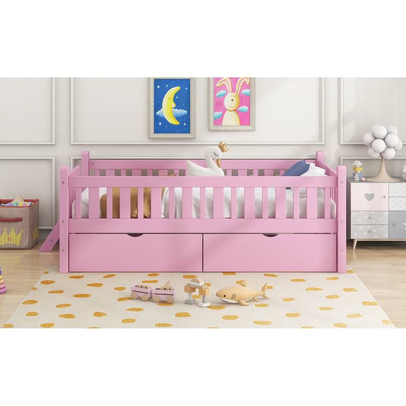 Wood Low Loft Bed Storage Platform Bed with Guardrail and 2 Drawers