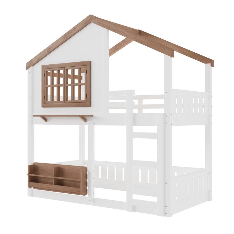 Fairytale House Bunk Bed Wood Loft Bed Frame with Bookshelf and Shelf