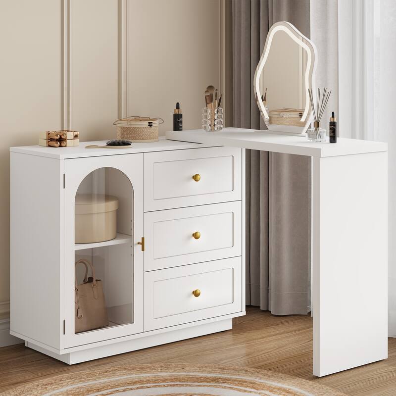Extendable Makeup Vanity Desk with 3 Drawers & 1 Door