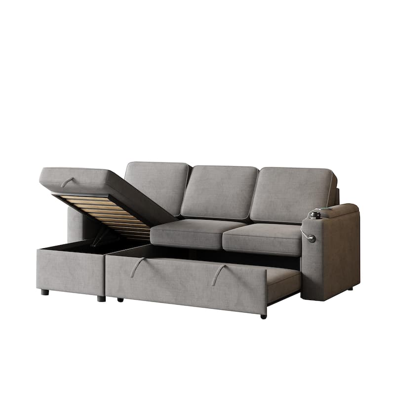 85.8" Sleeper Sectional Sofa with Storage Chaise, Armrest, Charging Port