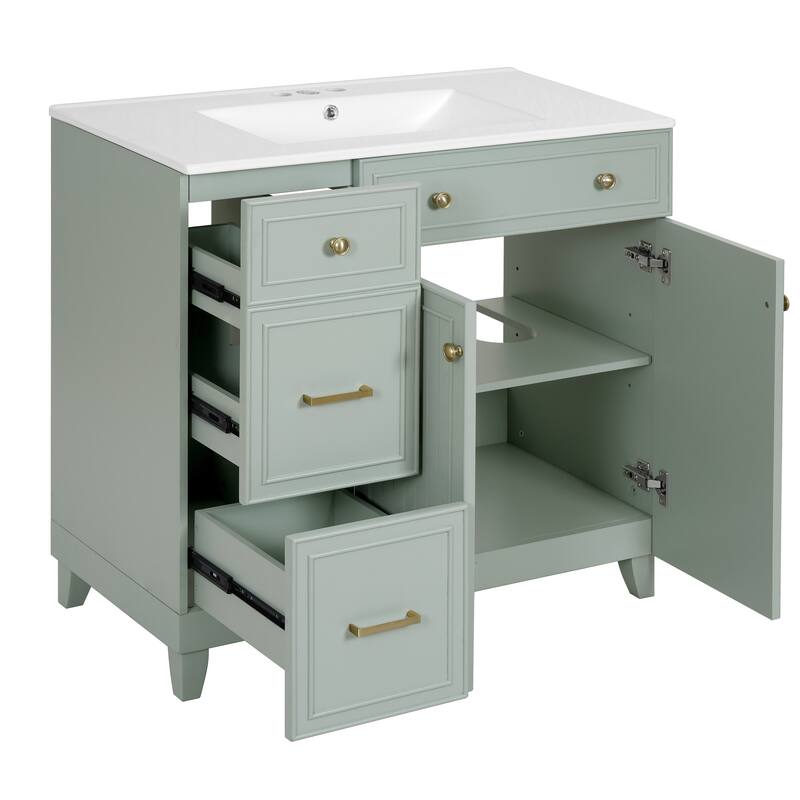 Modern Bathroom Vanity and Ceramic Sink Combo Set, 36" Bathroom Vanity Cabinet with Double-Layer Drawers & Adjustable Shelves