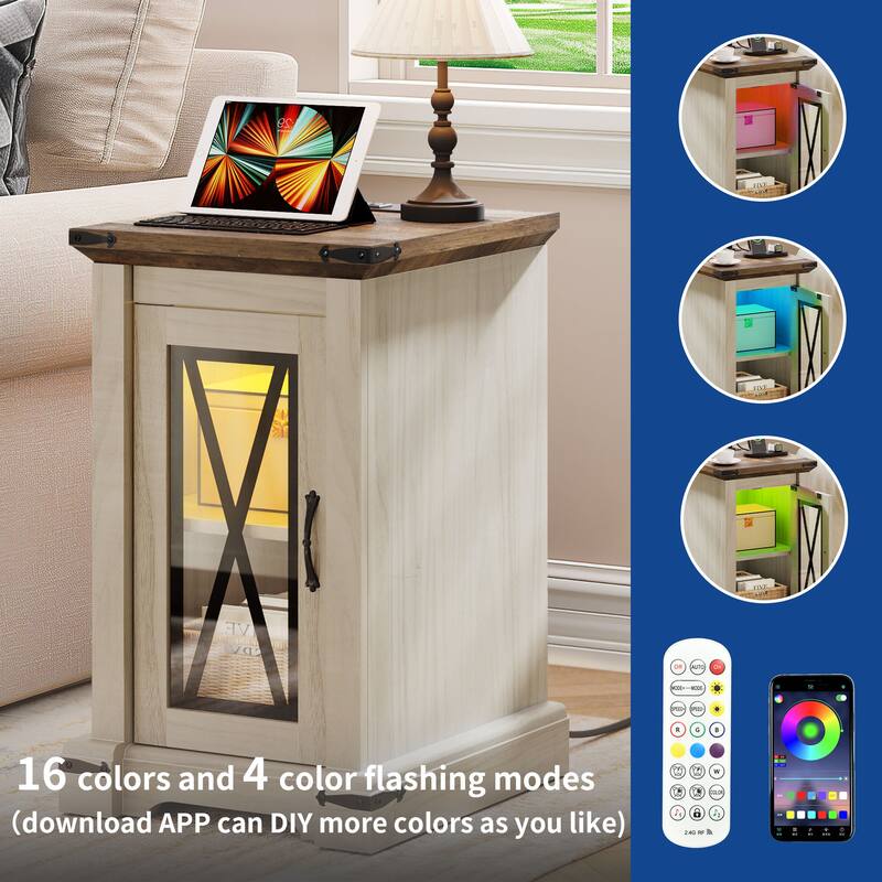 Moasis Farmhouse LED Light End Table with Charging Station, Chairside Sofa Side Table with Storage