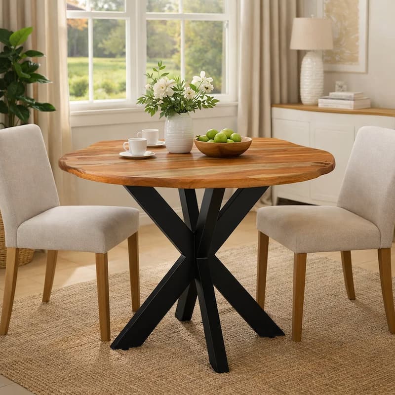 Kuri 41 Inch Handcrafted Live Edge Round Dining Table with a Natural Brown Acacia Wood Top and Black Iron Legs - Brown, Black