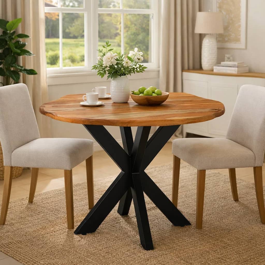 Kuri 41 Inch Handcrafted Live Edge Round Dining Table with a Natural Brown Acacia Wood Top and Black Iron Legs