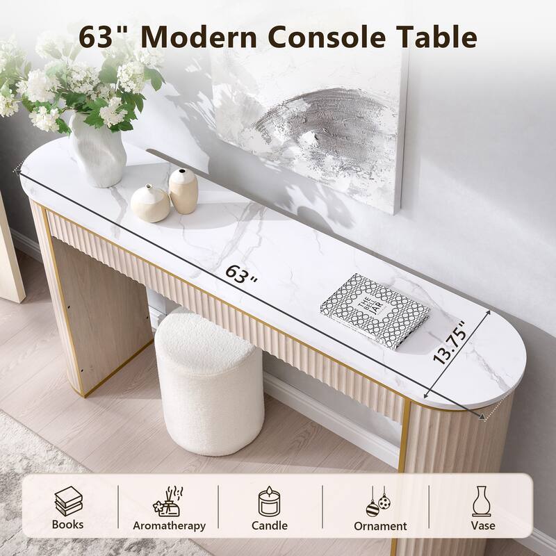 Modern 63" Fluted Console Table, Faux Marble Texture Top, Entry Table