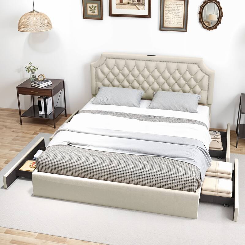 Moasis Velvet/Linen Upholstered Bedframe with Adjustable Headboard and 4 Storage Drawers