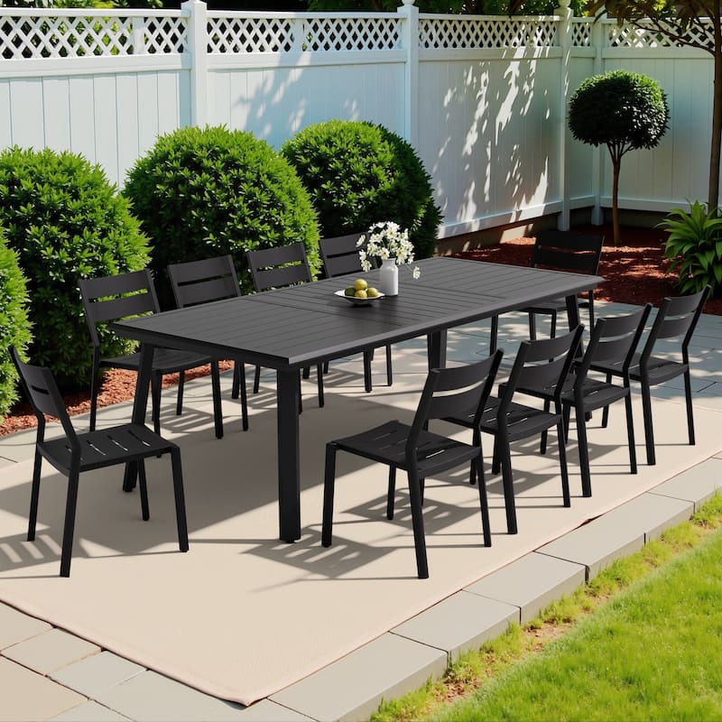11-Piece Outdoor Aluminum Dining Table with Umbrella Hole and Stackable Chairs Set