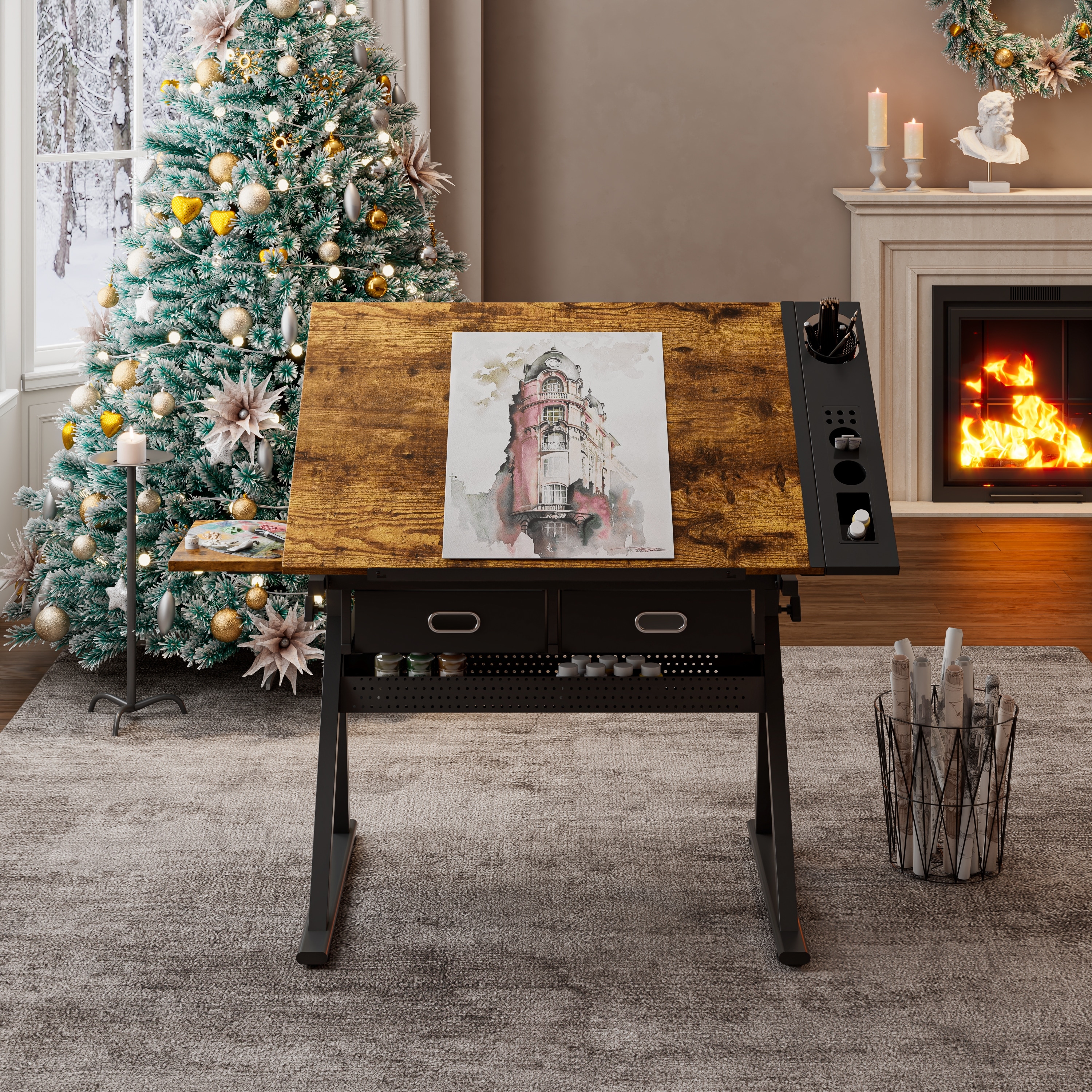 Adjustable drawing drafting table desk with 2 drawers for home office and school with stool