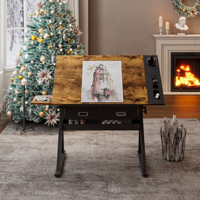 Adjustable drawing drafting table desk with 2 drawers for home office and school with stool