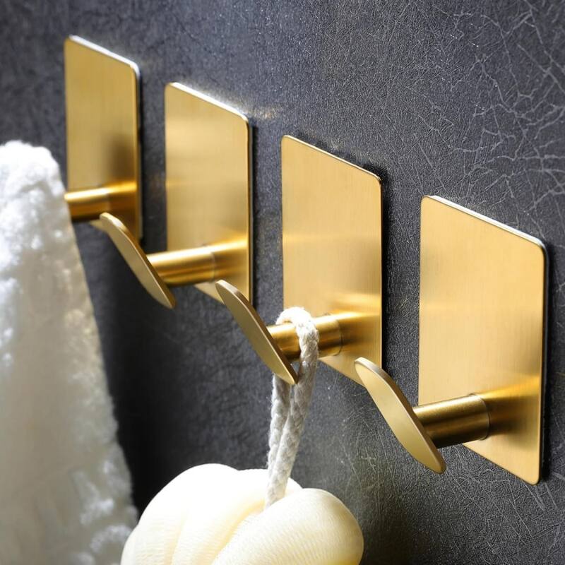 (Pack of 4) Adhesive Hooks Towel/Coat Hooks Stick to Bathroom or Kitchen - Gold