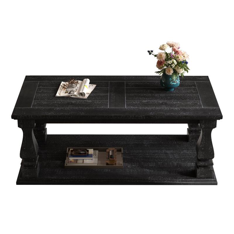 47" Black Farmhouse Coffee Table with Heavy Planked Top and Storage Shelf