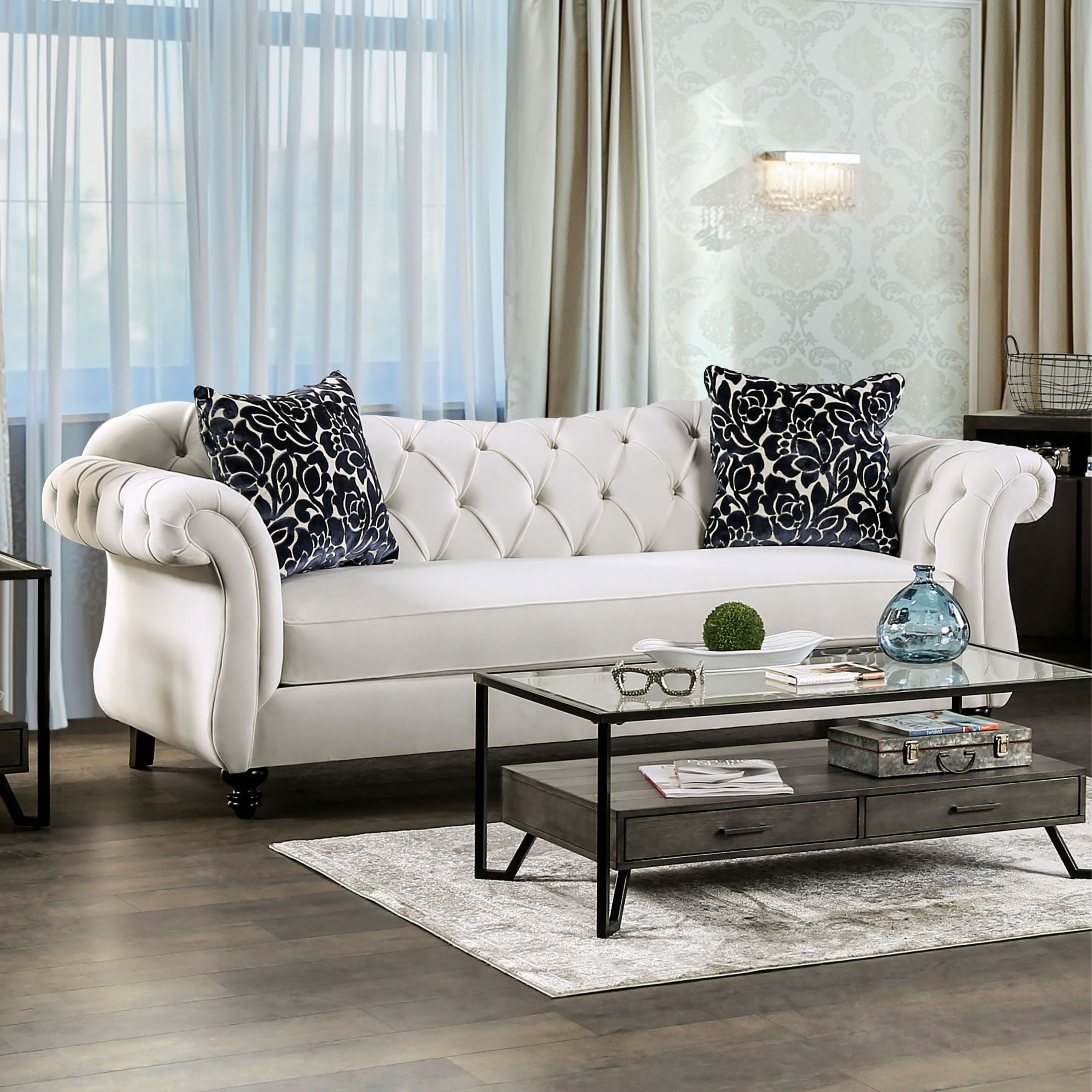 Furniture of America Addae Glam White Fabric Upholstered Rolled Arms Tufted Sofa