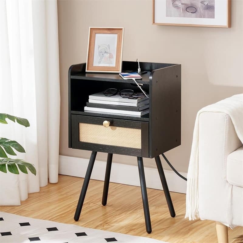 Nightstand with Charging Station - Black