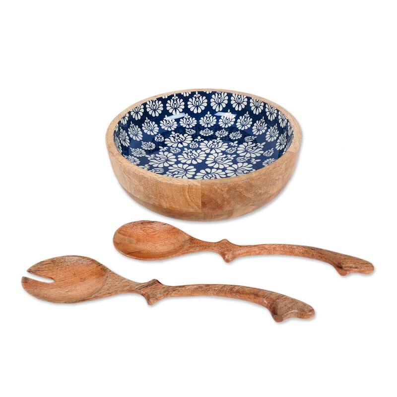 Novica Handmade Delhi Lotus Mango Wood Salad Bowl And Servers (3 Pieces)