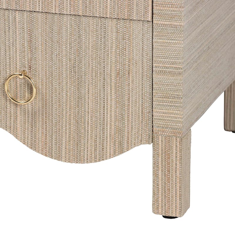Umika Grasscloth Nightstand with Scalloped Base - 3-Drawer Accent Chest with Gold Ring Pulls, Bedroom Storage Table