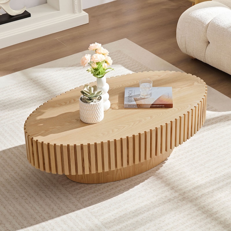 Oval Compact Low Coffee Table Handcraft Drum Small Center Table with Side Fluted Design and Wood Grain for Living Room Office