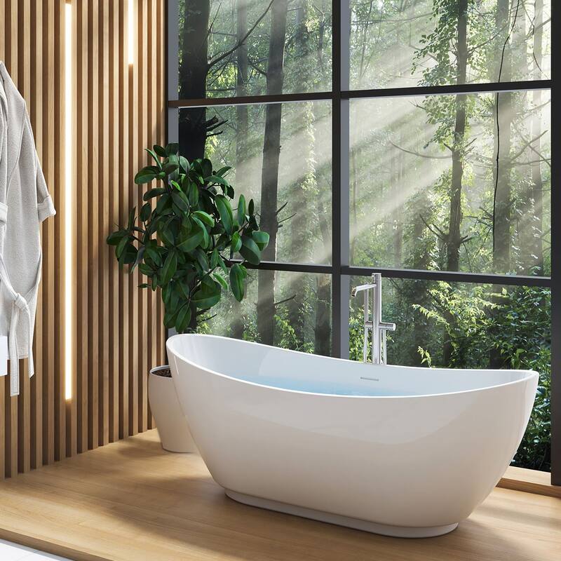 67 Inch Acrylic Freestanding Soaking Bathtub in White with Overflow and Drain - 67" - White