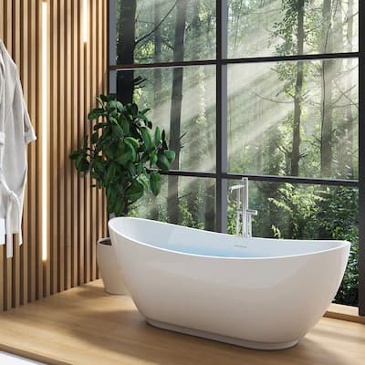 67 Inch Acrylic Freestanding Soaking Bathtub in White with Overflow and Drain