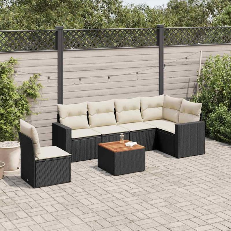 vidaXL Patio Sofa Set with Cushions Outdoor Furniture 7 Piece Poly Rattan - 24.4 x 25.8 x 27.2 - Black and Cream Table + corner + 3x middle
