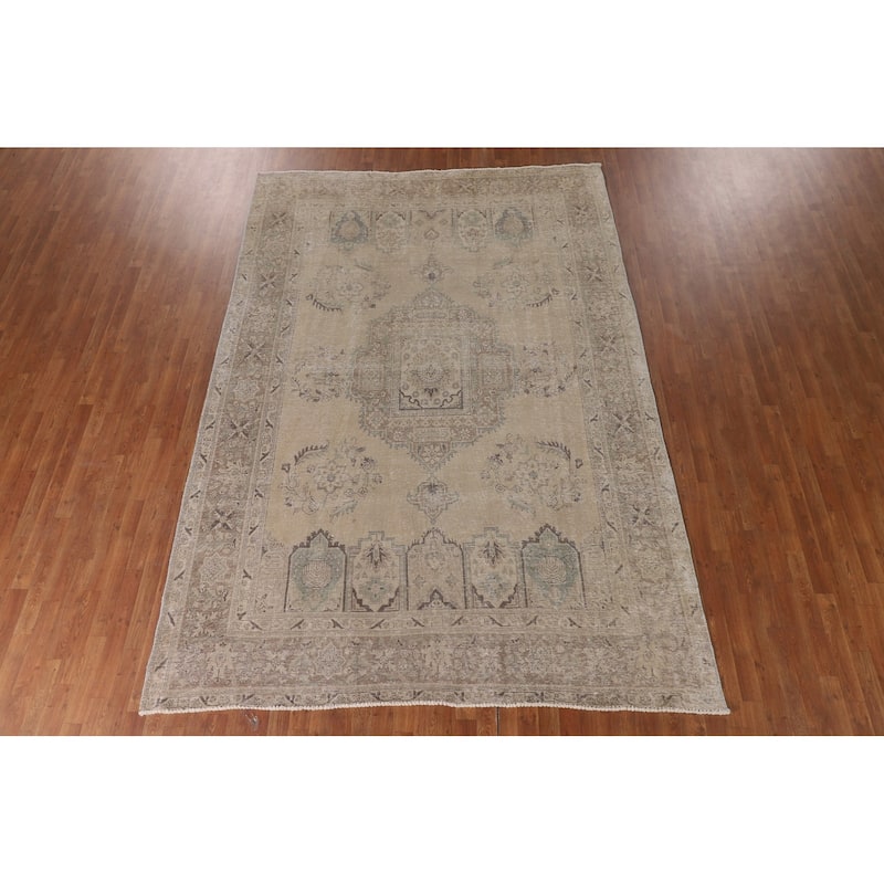 Distressed Tabriz Persian Vintage Area Rug Handmade Beige Wool Carpet - 7'9"x 11'0"