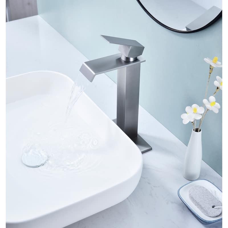 Waterfall Bathroom Sink Single Handle Faucet with Pop Up Drain, No Overflow, Corrosion and Rust Resistant