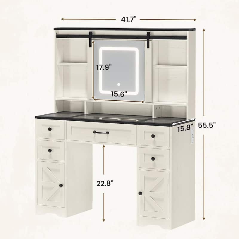 Vanity Desk Barn-Door Sliding Mirror & Power Outlet Glass Top
