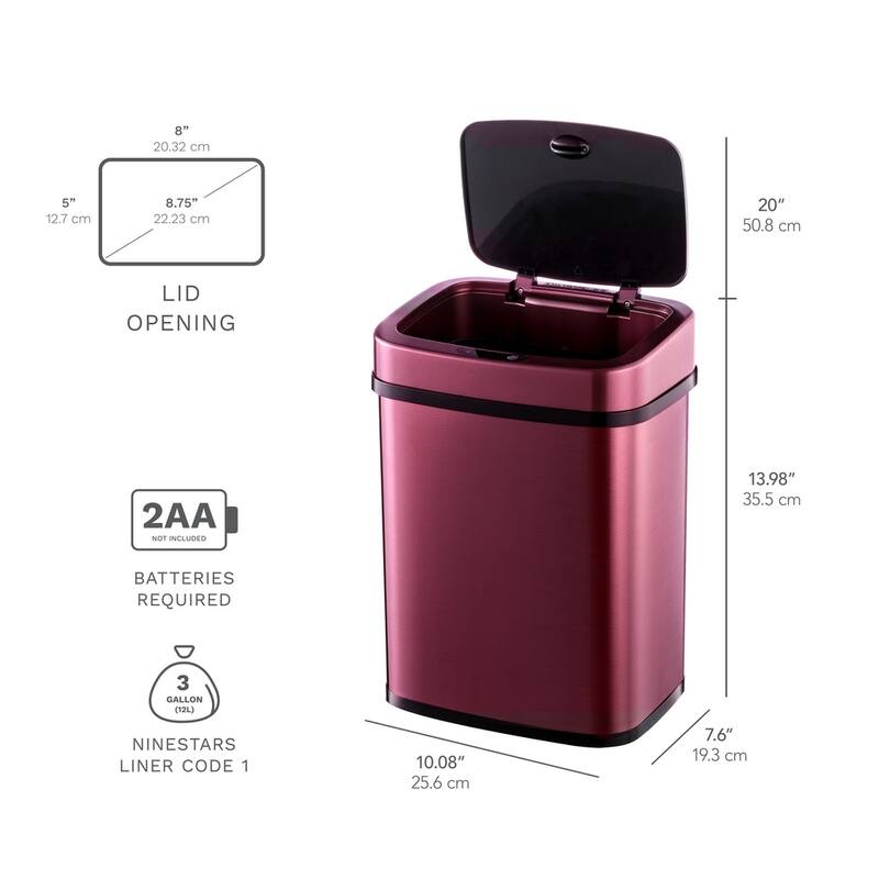 NINESTARS 3.2 Gallon Burgundy Rectangular Motion Sensor Trash Can
