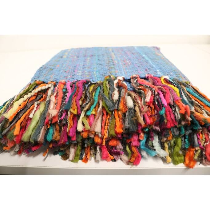 Home&Manor Handcrafted Wool & Cotton Throw Blanket Bright Blue